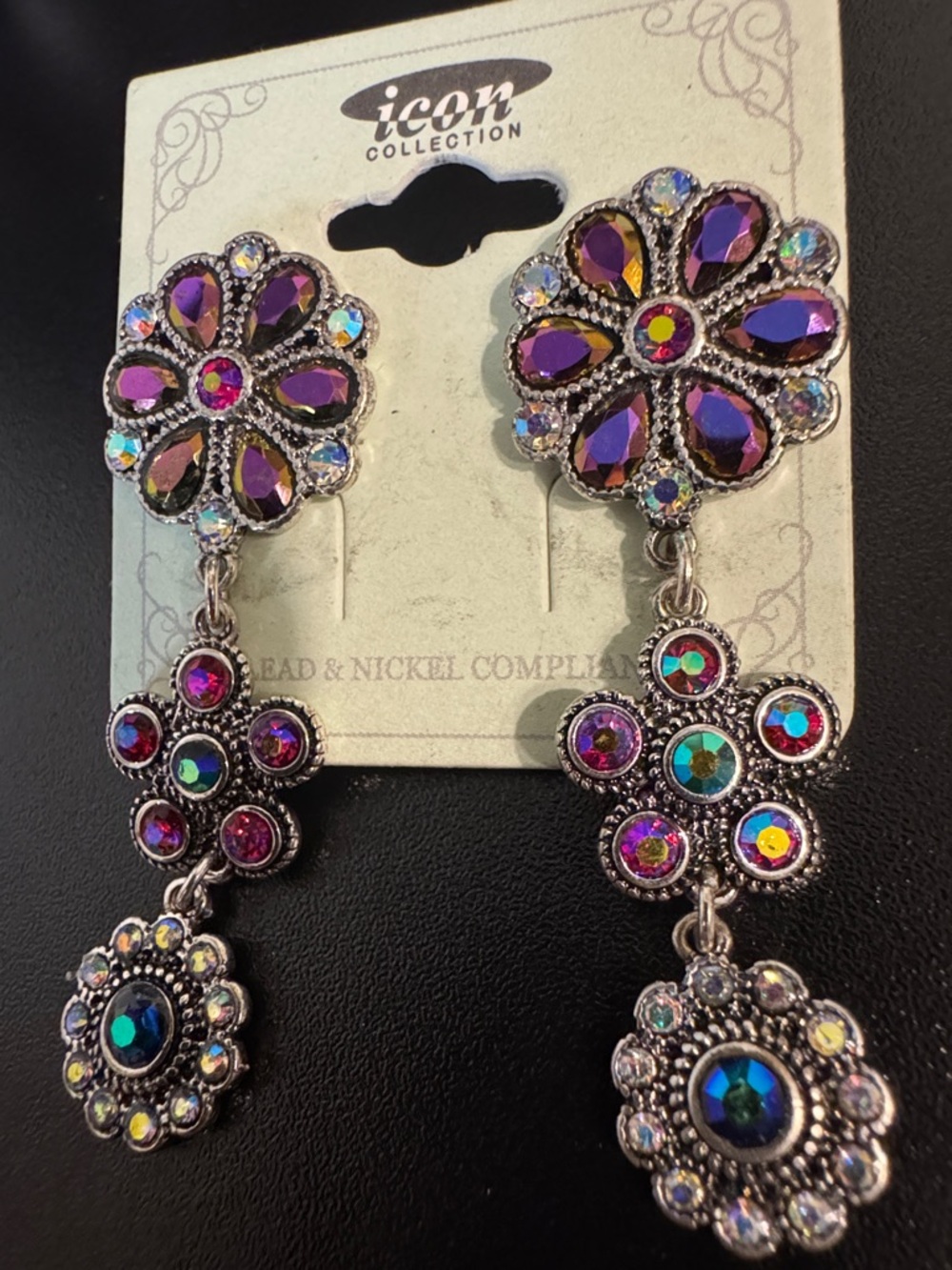 IC COLLECTION Purple and Iridescent Floral Drop Earrings